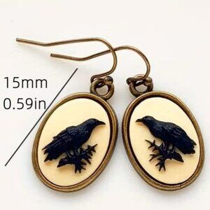 Gothic Oval Shape with Black Raven Twig Pattern Dangle Drop Earrings Z194